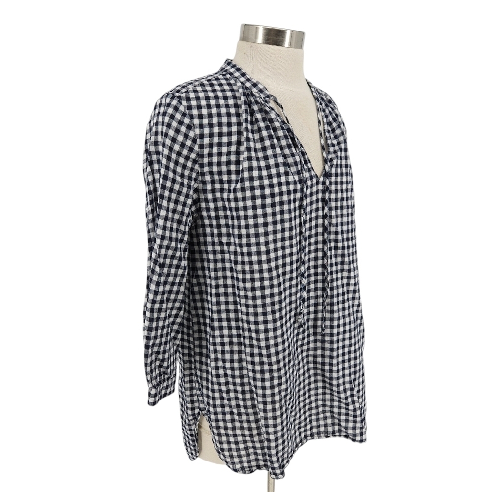 J.CREW Tunic Shirt Linen Black Gingham 3/4 Sleeve V Neck Relaxed Fit Top Medium - Picture 2 of 6